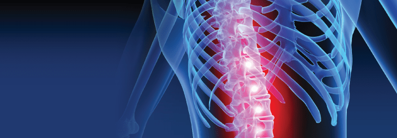 Blue background with an image torso of bones with the spine highlighted in red. 