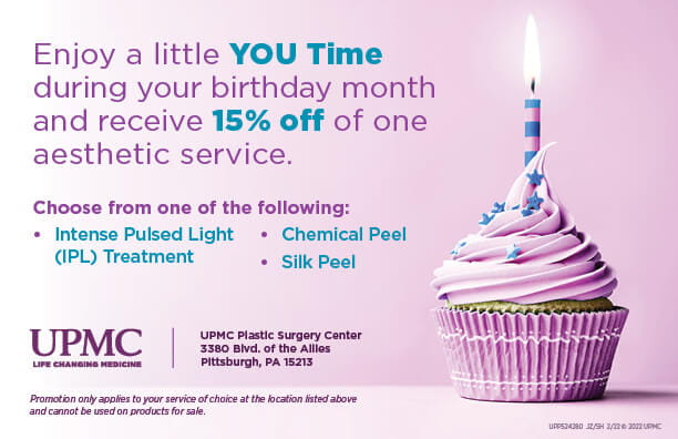 Plastic Surgery Birthday Banner. Text reads, " Enjoy a little you time during your birthday month and receive 15% off of one aesthetic service. Choose from one of the following: IPL Treatment, Chemical Peel, or Silk Peel."