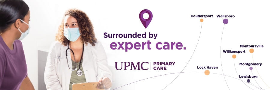 Image of a woman and her provider beside a map of north central Pa with the word, "surrounded by expert care. UPMC Primary Care. 
