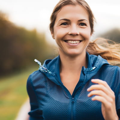 A woman with her hair pulled back into a ponytail and wearing a raincoat is jogging in a field.