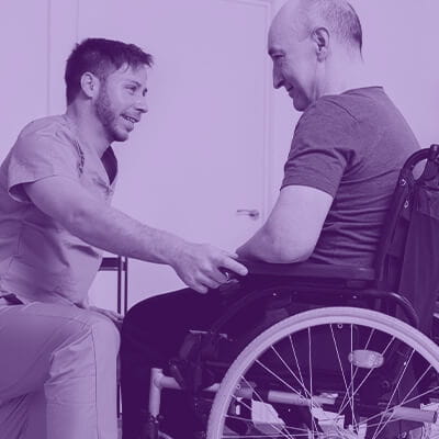 Spinal cord injury rehab image callout. Image of patient practicing walking.