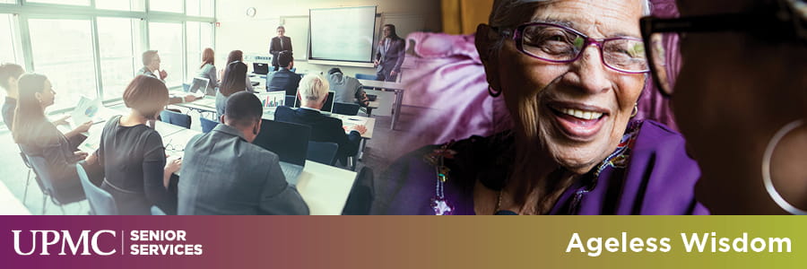 Ageless Wisdom banner - Young women laughing with older woman.