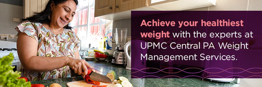 Image of woman stretching her leg in the woods preparing for a run with a banner that reads, UPMC delivers personalized weight loss journeys.