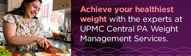 Image of woman stretching her leg in the woods preparing for a run with a banner that reads, UPMC delivers personalized weight loss journeys.