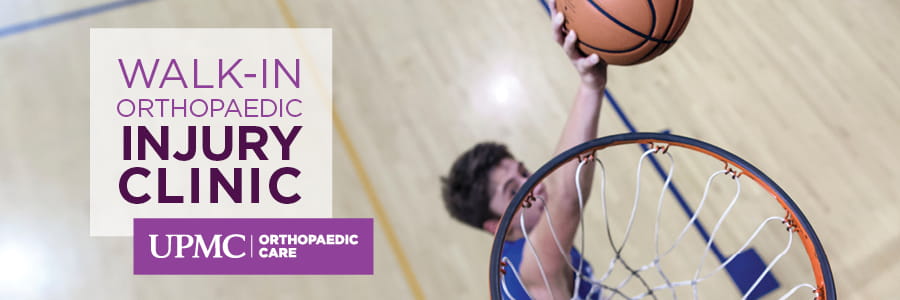A man is shoots hoops and scores with a basketball. Learn more about orthopaedic walk-in care at UPMC.