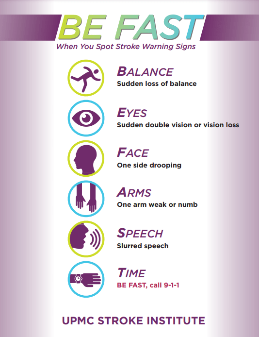 Be Fast: Spot the Warning Signs of Stroke - Loss of balance, double vision, facial drooping, arm weakness, slurred speech, and time. Be fast. Call 9-1-1.