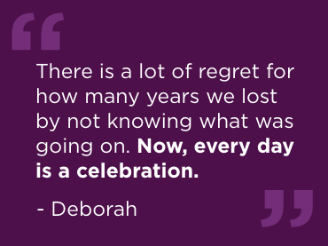 A quote with white text on a purple background which says "There is a lot of regret for what we lost by not knowing what was wrong. Now every day is a celebration," by Deboarh, Harry's wife.