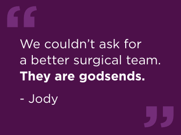 A purple background with white text which reads "We couldn't ask for a better surgical team. They are godsends," by Jody, Matthew's family.
